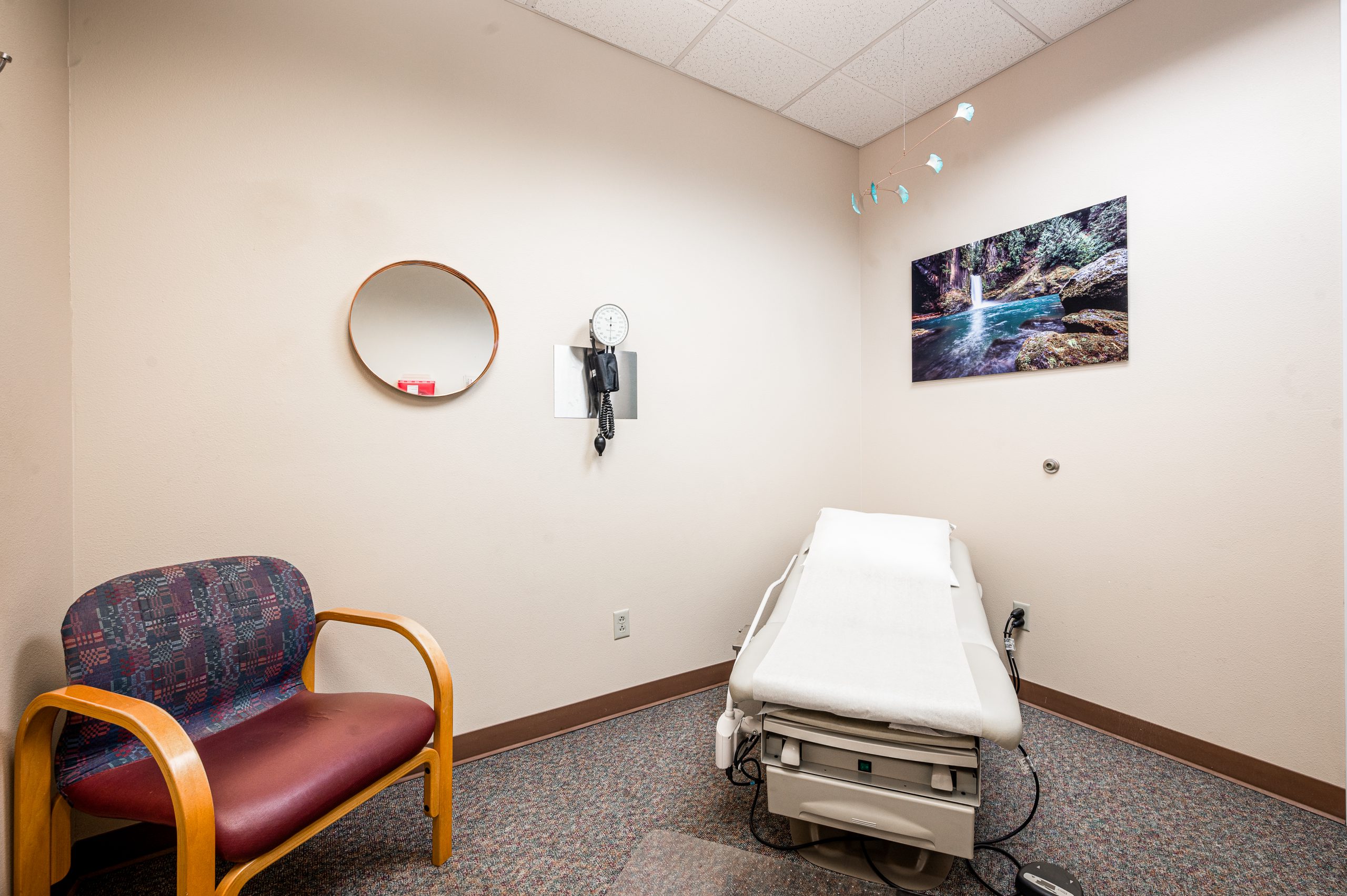 Clinic room with hospital bed and waiting chair.  Photo of nature and a mirror are located on the wall
