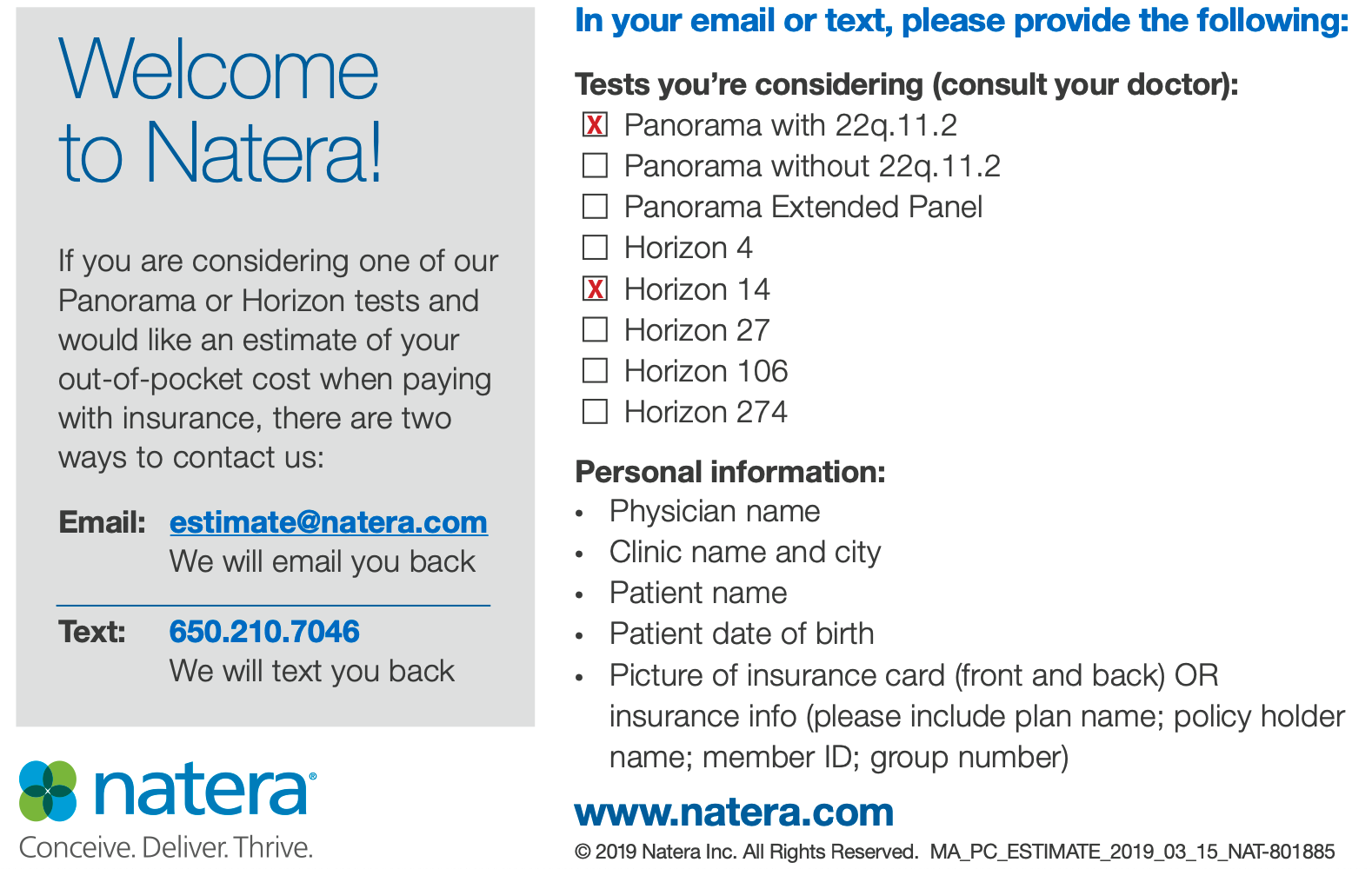 Natera estimate guide with choices 'Panorama with 22q.11.2 and Horizon 14 checked.  Email to: estimate@natera.com or text to: 650-210-7046